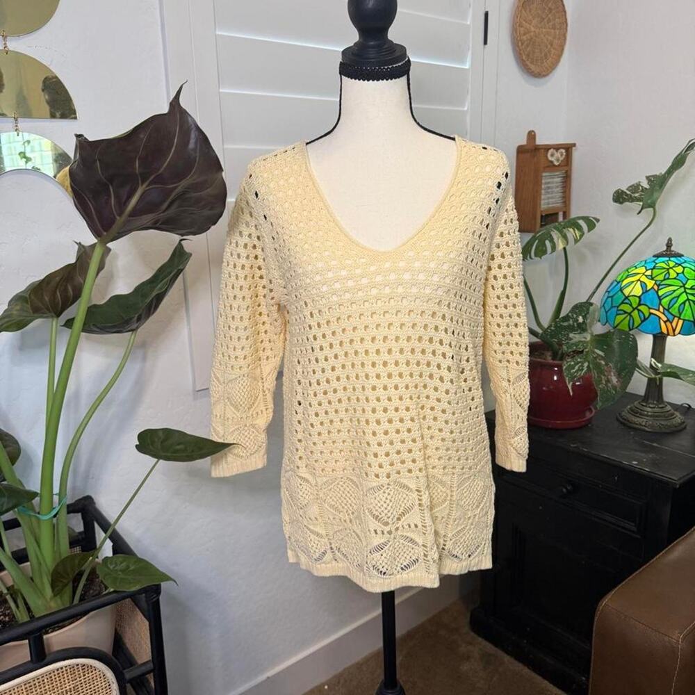 Jeanne Pierre Butter Yellow Crochet Open Knit Boho Tunic Sweater 100% Cotton